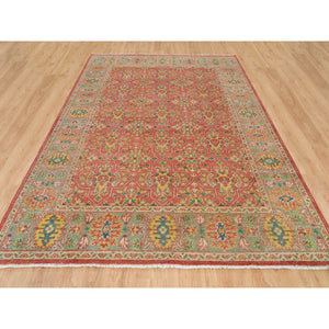 9'x11'9" Fire Brick Red, Hand Knotted, Antiqued Oushak Reimagined Repetitive Star And Rosette Design, Sheared Low, Soft Wool, Oriental Rug FWR395622