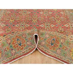9'x11'9" Fire Brick Red, Hand Knotted, Antiqued Oushak Reimagined Repetitive Star And Rosette Design, Sheared Low, Soft Wool, Oriental Rug FWR395622