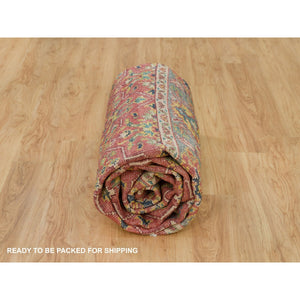 9'x11'9" Fire Brick Red, Hand Knotted, Antiqued Oushak Reimagined Repetitive Star And Rosette Design, Sheared Low, Soft Wool, Oriental Rug FWR395622