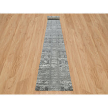 Load image into Gallery viewer, 2&#39;7&quot;x25&#39;6&quot; Ash Gray, Hand Spun Undyed Natural Wool, Hand Knotted, Modern Criss Cross Erased Design, XL Runner Oriental Rug FWR395736