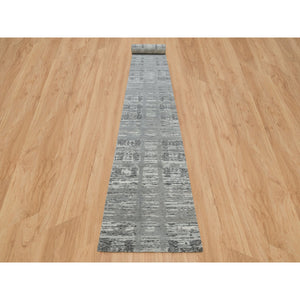 2'7"x25'6" Ash Gray, Hand Spun Undyed Natural Wool, Hand Knotted, Modern Criss Cross Erased Design, XL Runner Oriental Rug FWR395736