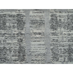2'7"x25'6" Ash Gray, Hand Spun Undyed Natural Wool, Hand Knotted, Modern Criss Cross Erased Design, XL Runner Oriental Rug FWR395736
