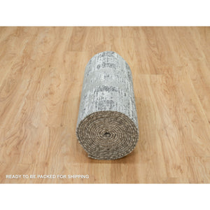 2'7"x25'6" Ash Gray, Hand Spun Undyed Natural Wool, Hand Knotted, Modern Criss Cross Erased Design, XL Runner Oriental Rug FWR395736