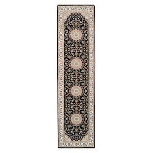 2'7"x10' Midnight Blue, Nain with Center Medallion Flower Design, 250 KPSI, Soft Wool, Hand Knotted, Runner Oriental Rug FWR395904