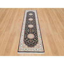 Load image into Gallery viewer, 2&#39;7&quot;x10&#39; Midnight Blue, Nain with Center Medallion Flower Design, 250 KPSI, Soft Wool, Hand Knotted, Runner Oriental Rug FWR395904