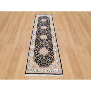 2'7"x10' Midnight Blue, Nain with Center Medallion Flower Design, 250 KPSI, Soft Wool, Hand Knotted, Runner Oriental Rug FWR395904