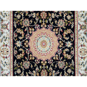 2'7"x10' Midnight Blue, Nain with Center Medallion Flower Design, 250 KPSI, Soft Wool, Hand Knotted, Runner Oriental Rug FWR395904