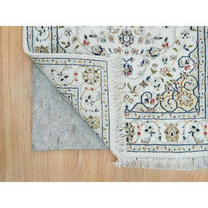 2'8"x8'4" Powder White, Natural Wool, Hand Knotted, Nain With Center Medallion Flower Design, 250 Kpsi, Runner Oriental Rug FWR395910