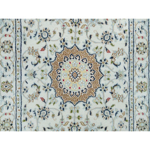 2'8"x8'4" Powder White, Natural Wool, Hand Knotted, Nain With Center Medallion Flower Design, 250 Kpsi, Runner Oriental Rug FWR395910