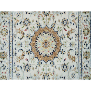 2'6"x20'6" Powder White, 250 Kpsi, Extra Soft Wool, Hand Knotted, Nain With Center Medallion Flower Design, Xl Runner Oriental Rug FWR395964