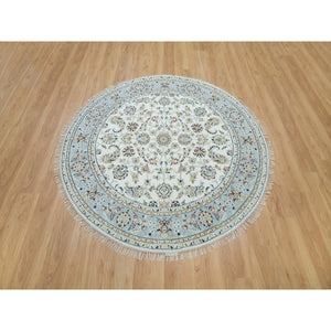 6'1"x6'1" Powder White, 100% Wool, Hand Knotted, Nain With All Over Flower Design, 250 Kpsi, Round Oriental Rug FWR395970