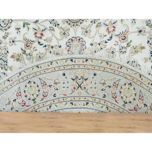6'1"x6'1" Powder White, 100% Wool, Hand Knotted, Nain With All Over Flower Design, 250 Kpsi, Round Oriental Rug FWR395970