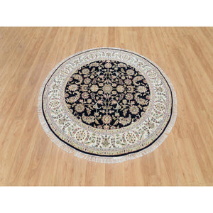 6'x6' Midnight Blue, Soft Wool, Hand Knotted, Nain with All Over Flower Design, 250 KPSI, Round Oriental Rug FWR395976