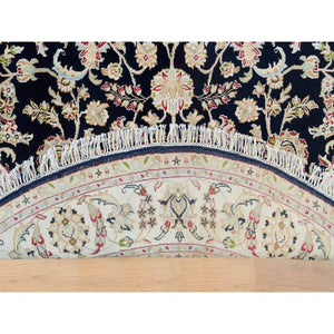 6'x6' Midnight Blue, Soft Wool, Hand Knotted, Nain with All Over Flower Design, 250 KPSI, Round Oriental Rug FWR395976