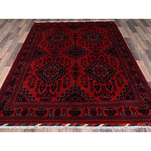 5'3"x7' Scarlet Red, Afghan Khamyab with Geometric Medallions Design, Hand Knotted, 100% Wool, Natural Dyes, Oriental Rug FWR3954