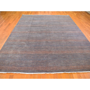 9'1"x12'2" Denim Blue With Touches Of Orange Grass Design Wool And Silk Hand Knotted Oriental Rug FWR396318