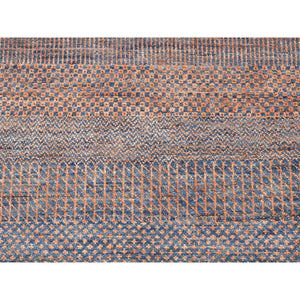 9'1"x12'2" Denim Blue With Touches Of Orange Grass Design Wool And Silk Hand Knotted Oriental Rug FWR396318