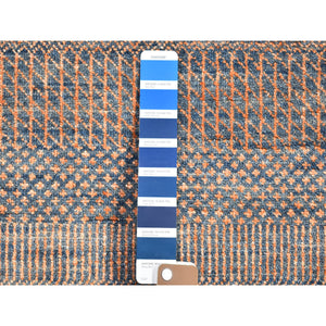 9'1"x12'2" Denim Blue With Touches Of Orange Grass Design Wool And Silk Hand Knotted Oriental Rug FWR396318