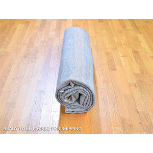 9'1"x12'2" Denim Blue With Touches Of Orange Grass Design Wool And Silk Hand Knotted Oriental Rug FWR396318
