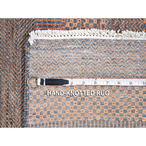 9'1"x12'2" Denim Blue With Touches Of Orange Grass Design Wool And Silk Hand Knotted Oriental Rug FWR396318