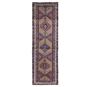 3'9"x12'2" Brown Antique North West Persian with Camel Hair Wide Runner Full Pile Geometric Medallions Hand Knotted Natural Wool Clean Oriental Rug FWR397110