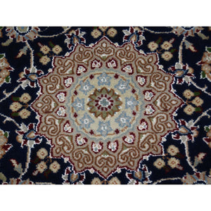 3'x18' Midnight Blue Pure Wool 250 Kpsi Nain With Flower Medallion Design Xl Runner Hand Knotted Oriental Rug FWR397368