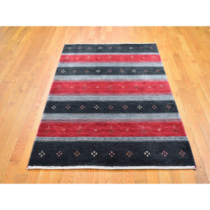 4'x6'1" Charcoal Black Modern Striped Gabbeh Natural Wool Hand Loomed Oriental Rug FWR397434