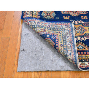 3'9"x5'9" Geometric Design 100% Wool Super Kazak Denim Blue Hand Knotted Oriental Rug FWR397692