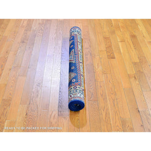 3'9"x5'9" Geometric Design 100% Wool Super Kazak Denim Blue Hand Knotted Oriental Rug FWR397692