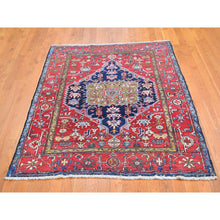 Load image into Gallery viewer, 4&#39;10&quot;x5&#39;10&quot; Navy Blue Antique Persian Heriz Smaller Rare Size Natural Wool Good Condition And Clean Hand Knotted Oriental Rug FWR397932