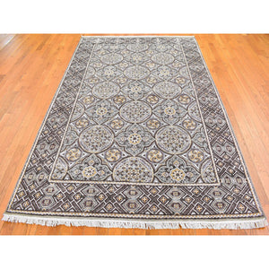 6'2"x9'3" Brown Textured Wool And Silk Mughal Inspired Medallions Design Hand Knotted Oriental Rug FWR398112