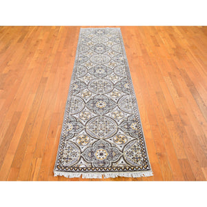 2'6"x10'1" Mughal Inspired Medallions Design Textured Wool and Silk Hand Knotted Brown Runner Oriental Rug FWR398136