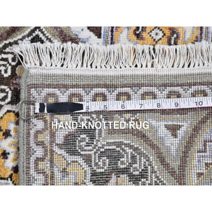 2'6"x10'1" Mughal Inspired Medallions Design Textured Wool and Silk Hand Knotted Brown Runner Oriental Rug FWR398136