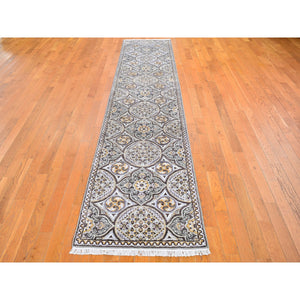 2'6"x12'3" Brown Textured Wool And Silk Mughal Inspired Medallions Design Runner Hand Knotted Oriental Rug FWR398142