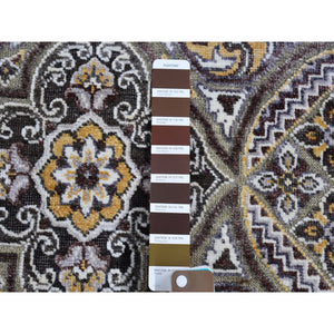 2'6"x12'3" Brown Textured Wool And Silk Mughal Inspired Medallions Design Runner Hand Knotted Oriental Rug FWR398142