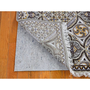 2'6"x12'3" Brown Textured Wool And Silk Mughal Inspired Medallions Design Runner Hand Knotted Oriental Rug FWR398142
