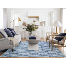 Load image into Gallery viewer, 8&#39;x10&#39; Zigzag With Graph Design Blue Pure Silk And Textured Wool Hand Knotted Oriental Rug FWR398262