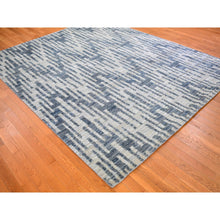 Load image into Gallery viewer, 8&#39;x10&#39; Zigzag With Graph Design Blue Pure Silk And Textured Wool Hand Knotted Oriental Rug FWR398262