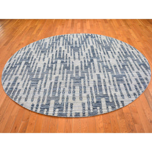 8'1"x8'1" Hand Knotted Blue Pure Silk And Textured Wool Zigzag With Graph Design Round Oriental Rug FWR398268