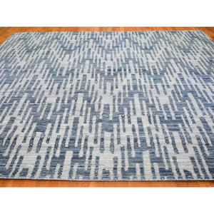 12'x12' Blue Pure Silk And Textured Wool Square Zigzag With Graph Design Hand Knotted Oriental Rug FWR398316