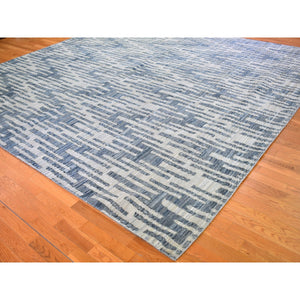 12'x12' Blue Pure Silk And Textured Wool Square Zigzag With Graph Design Hand Knotted Oriental Rug FWR398316