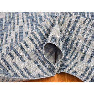 12'x12' Blue Pure Silk And Textured Wool Square Zigzag With Graph Design Hand Knotted Oriental Rug FWR398316