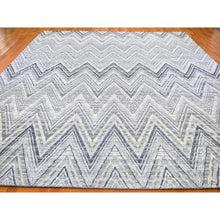 Load image into Gallery viewer, 11&#39;10&quot;x15&#39; Oversized Gray-blue Chevron Design Textured Wool And Pure Silk Hand Knotted Oriental Rug FWR398322