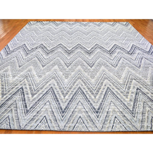11'10"x15' Oversized Gray-blue Chevron Design Textured Wool And Pure Silk Hand Knotted Oriental Rug FWR398322