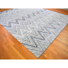 Load image into Gallery viewer, 11&#39;10&quot;x15&#39; Oversized Gray-blue Chevron Design Textured Wool And Pure Silk Hand Knotted Oriental Rug FWR398322
