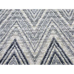 11'10"x15' Oversized Gray-blue Chevron Design Textured Wool And Pure Silk Hand Knotted Oriental Rug FWR398322
