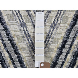 11'10"x15' Oversized Gray-blue Chevron Design Textured Wool And Pure Silk Hand Knotted Oriental Rug FWR398322