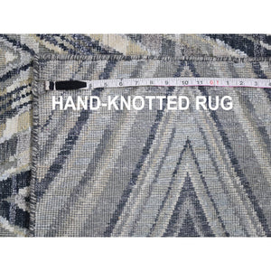 11'10"x15' Oversized Gray-blue Chevron Design Textured Wool And Pure Silk Hand Knotted Oriental Rug FWR398322
