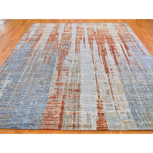 9'x12'2" Red Hi-low Pile Abstract Design Denser Weave Wool And Silk Hand Knotted Oriental Rug FWR398496