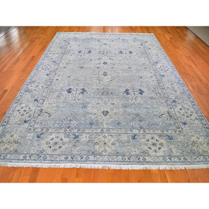 9'10"x14'2" Blue Distressed Oushak Pure Silk With Textured Wool Hand Knotted Oriental Rug FWR398676